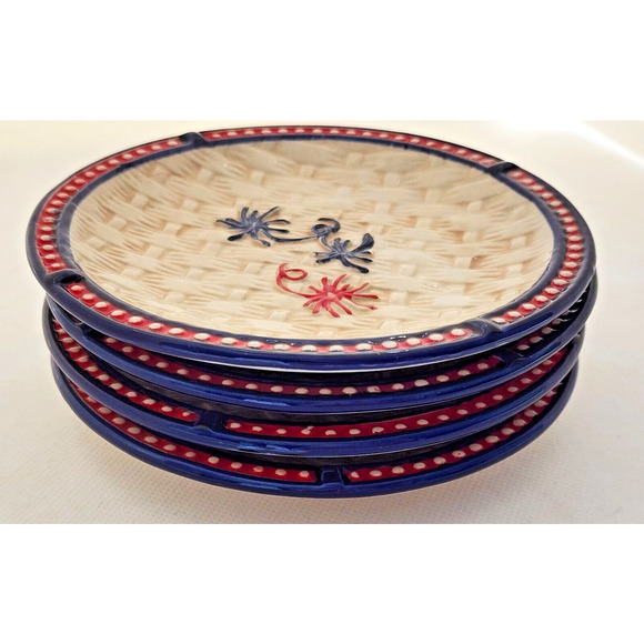 BREAD BUTTER PLATES-TEMPTATIONS-Floral Lace-Red Blue-Basket Weave Pattern-SET 4 - Picture 7 of 11